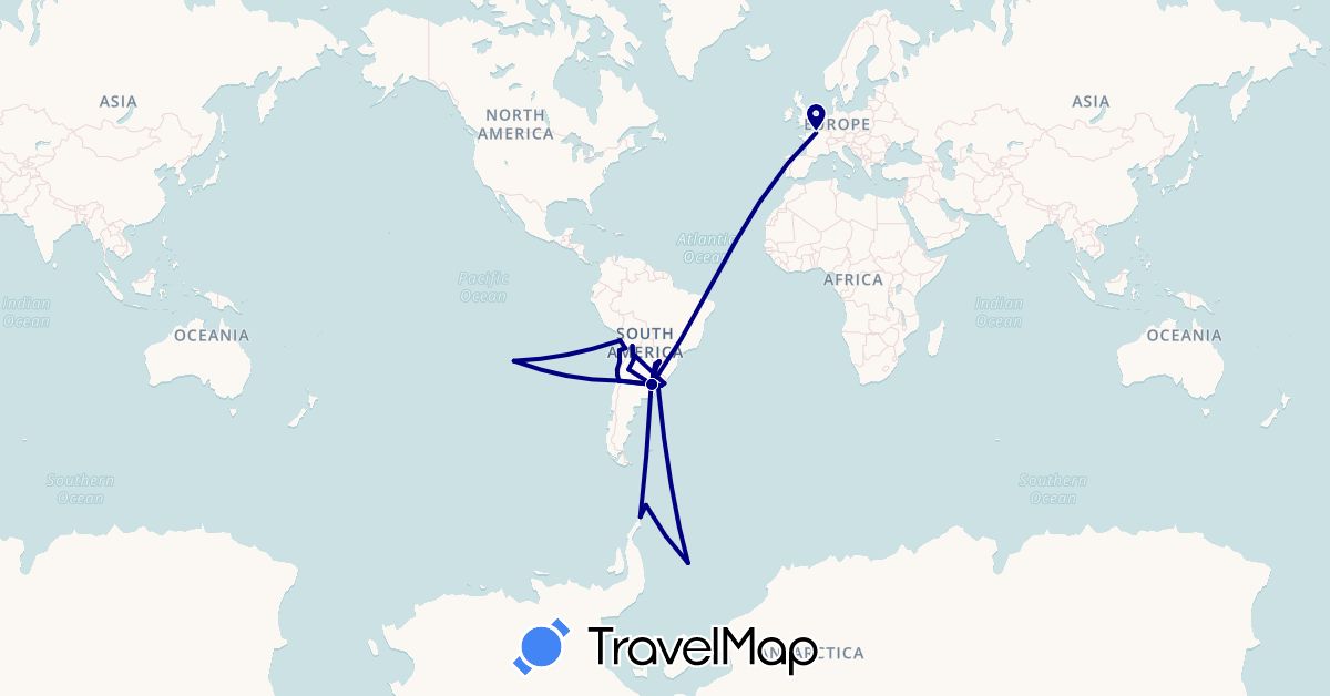 TravelMap itinerary: driving in Antarctica, Argentina, Chile, France, Uruguay (Antarctica, Europe, South America)